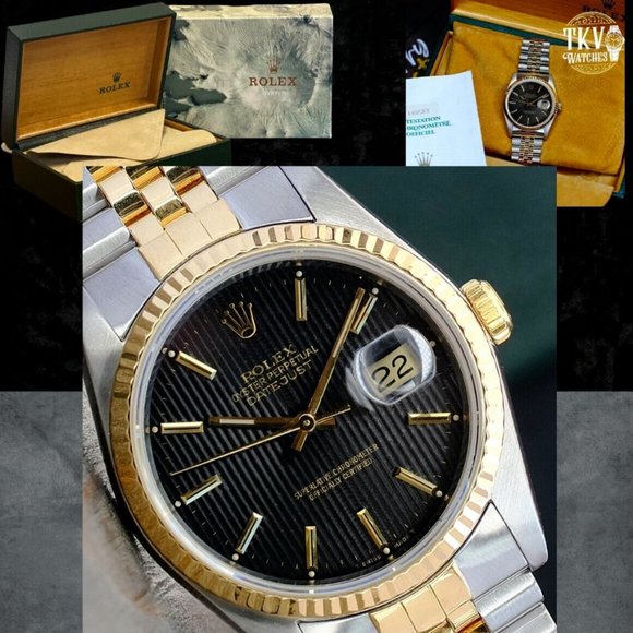 ROLEX MENS DATEJUST 16233 GOLD &STEEL BLACK DIAL FLUTED 36MM WATCH BOX & PAPERS - Picture 1 of 11